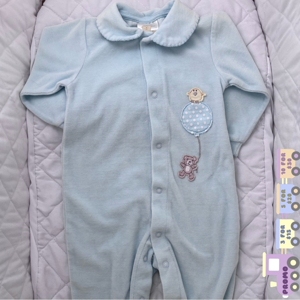 🐣 12M BRUIN Pastel Blue Velour Collar Onesie Embroidered Long Sleeve Button